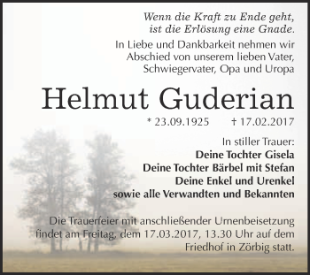 Traueranzeige von Helmut Guderian von WVG - Wochenspiegel Bitterfeld