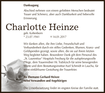 Traueranzeige von Charlotte Heinze von WVG - Wochenspiegel NMB / WSF / ZTZ