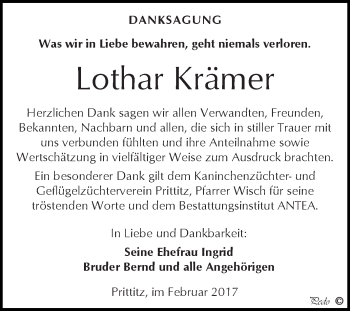 Traueranzeige von Lothar Krämer von WVG - Wochenspiegel NMB / WSF / ZTZ