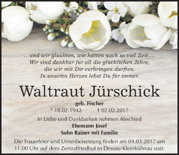 Traueranzeige von Waltraut Jürschick von Mitteldeutsche Zeitung Dessau-Roßlau