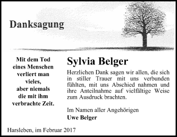 Traueranzeige von Sylvia Belger von Super Sonntag Quedlinburg