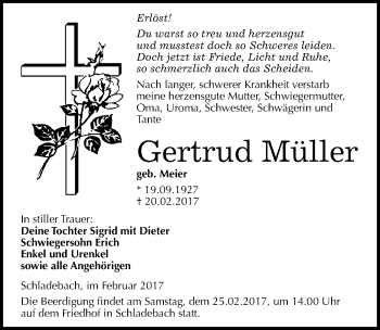 Traueranzeige von Gertrud Müller von Mitteldeutsche Zeitung Merseburg/Querfurt