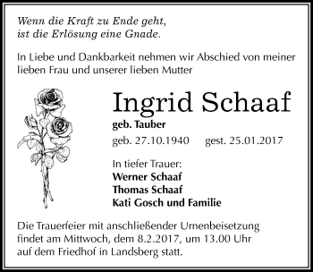 Traueranzeige von Ingrid Schaaf von Mitteldeutsche Zeitung Halle/Saalkreis