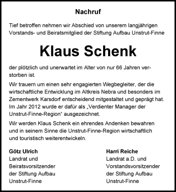 Traueranzeige von Klaus Schenk von Mitteldeutsche Zeitung Naumburg/Nebra