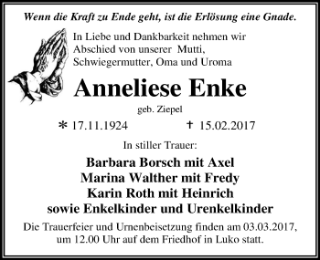 Traueranzeige von Anneliese Enke von Mitteldeutsche Zeitung Dessau-Roßlau