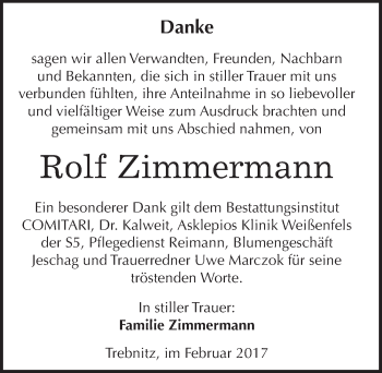 Traueranzeige von Rolf Zimmermann von Mitteldeutsche Zeitung Weißenfels