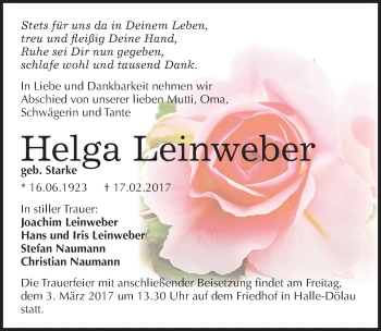 Traueranzeige von Helga Leinweber von Mitteldeutsche Zeitung Halle/Saalkreis