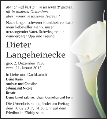 Traueranzeige von Dieter Langeheinecke von WVG - Wochenspiegel Bitterfeld