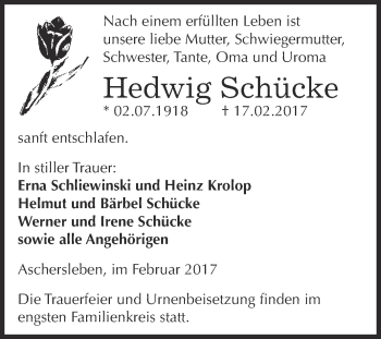 Traueranzeige von Hedwig Schücke von Super Sonntag SGH Mansf. Land