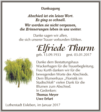 Traueranzeige von Elfriede Thurm von Super Sonntag SGH Mansf. Land