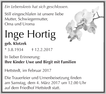 Traueranzeige von Inge Hortig von Super Sonntag SGH Mansf. Land