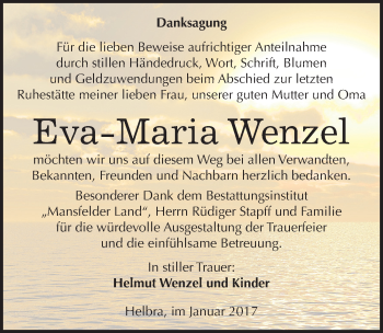 Traueranzeige von Eva Maria Wenzel von Mitteldeutsche Zeitung Mansfelder Land