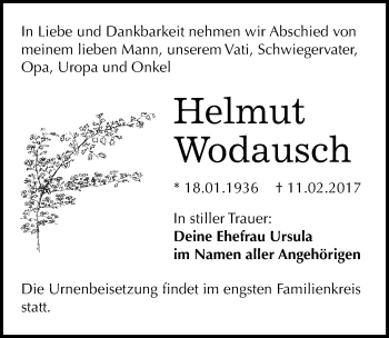 Traueranzeige von Helmut Wodausch von Mitteldeutsche Zeitung Halle/Saalkreis