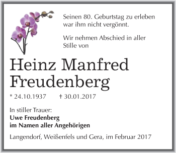 Traueranzeige von Heinz Manfred Freudenberg von Mitteldeutsche Zeitung Weißenfels