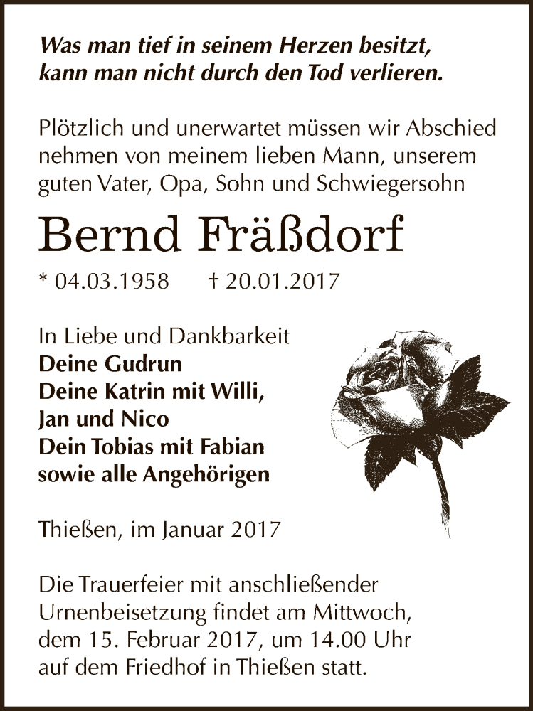  Traueranzeige für Bernd Fräßdorf vom 04.02.2017 aus Super Sonntag Wittenberg