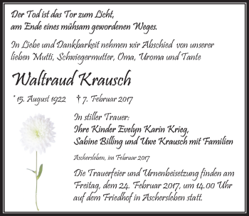 Traueranzeige von Waltraud Krausch von Mitteldeutsche Zeitung Aschersleben
