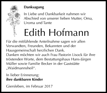 Traueranzeige von Edith Hofmann von Mitteldeutsche Zeitung Aschersleben