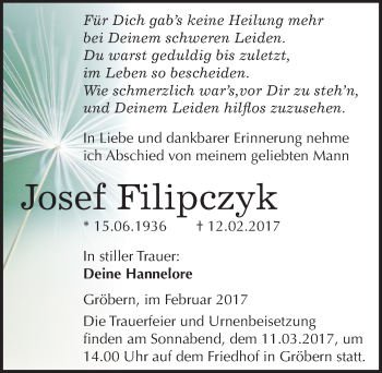 Traueranzeige von Josef Filipczyk von Mitteldeutsche Zeitung Bitterfeld