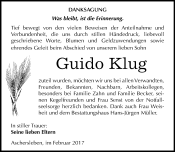 Traueranzeige von Guido Klug von Mitteldeutsche Zeitung Aschersleben