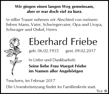 Traueranzeige von Eberhard Friebe von Mitteldeutsche Zeitung Weißenfels