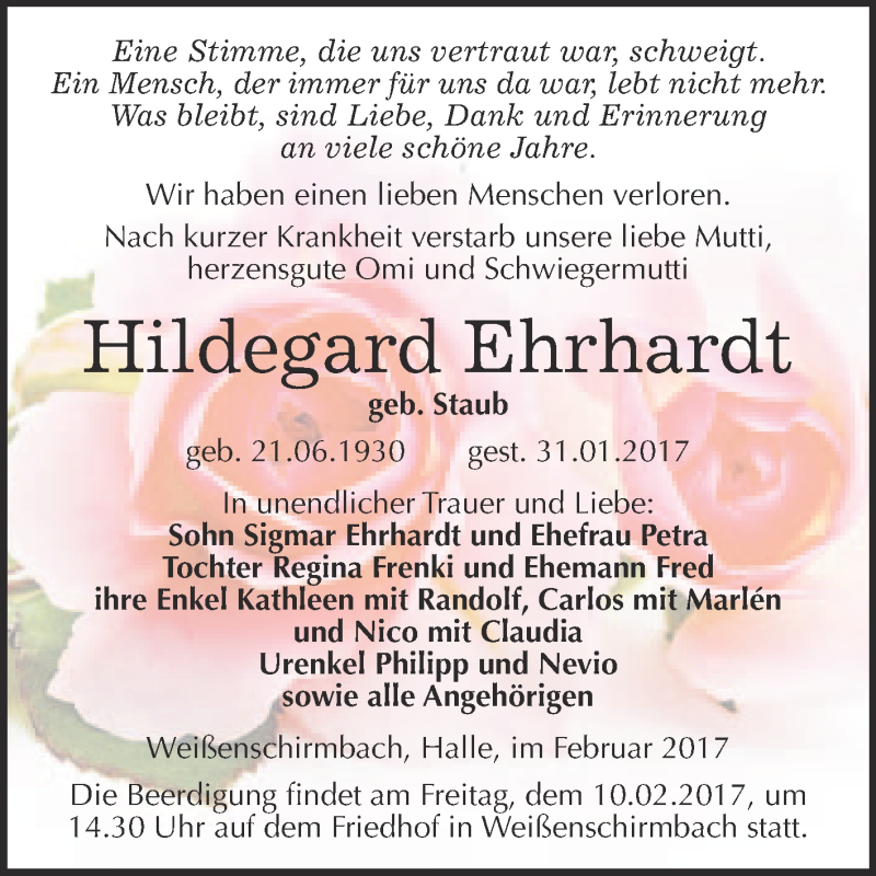  Traueranzeige für Hildegard Ehrhardt vom 04.02.2017 aus Super Sonntag Halle