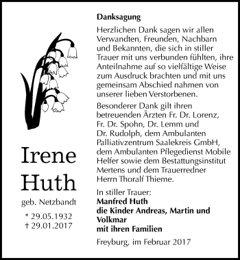 Traueranzeige von Irene Huth von Mitteldeutsche Zeitung Naumburg/Nebra
