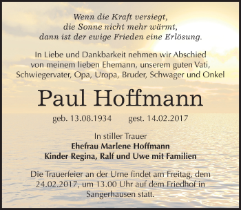 Traueranzeige von Paul Hoffmann von Mitteldeutsche Zeitung Sangerhausen