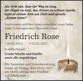 Traueranzeige von Friedrich Rose von Mitteldeutsche Zeitung Köthen
