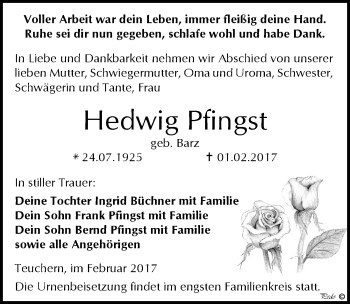Traueranzeige von Hedwig Pfingst von Mitteldeutsche Zeitung Weißenfels
