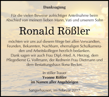 Traueranzeige von Ronald Rößler von Super Sonntag SGH Mansf. Land