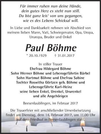 Traueranzeige von Paul Böhme von Super Sonntag Bernburg