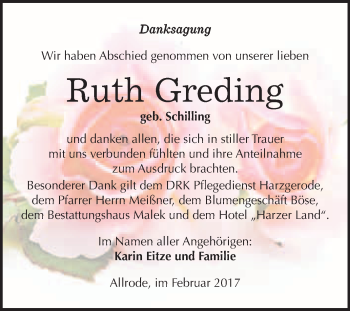 Traueranzeige von Ruth Greding von Super Sonntag Quedlinburg