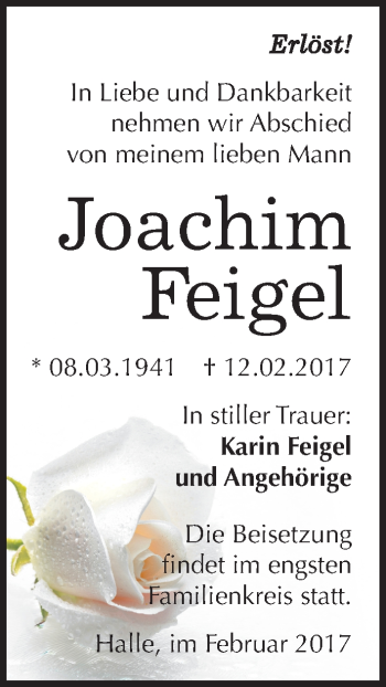Traueranzeige von Joachim Feigel von Mitteldeutsche Zeitung Halle/Saalkreis