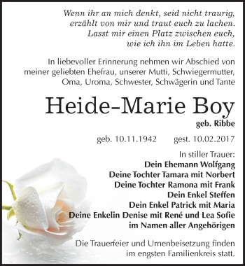 Traueranzeige von Heide-Marie Boy von Mitteldeutsche Zeitung Sangerhausen