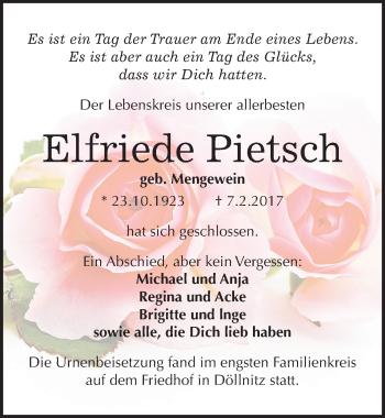 Traueranzeige von Elfriede Pietsch von Mitteldeutsche Zeitung Halle/Saalkreis
