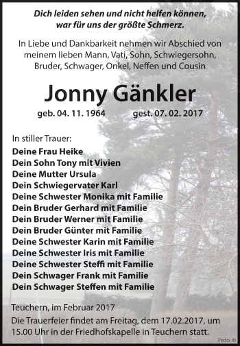 Traueranzeige von Jonny Gänkler von WVG - Wochenspiegel NMB / WSF / ZTZ