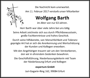 Traueranzeige von Wolfgang Barth von Mitteldeutsche Zeitung Bitterfeld