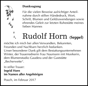 Traueranzeige von Rudolf Horn von Mitteldeutsche Zeitung Bitterfeld