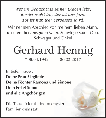 Traueranzeige von Gerhard Hennig von WVG - Wochenspiegel Bitterfeld