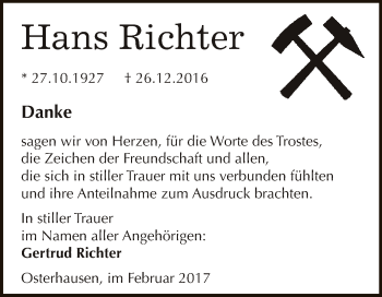 Traueranzeige von Hans Richter von Super Sonntag SGH Mansf. Land