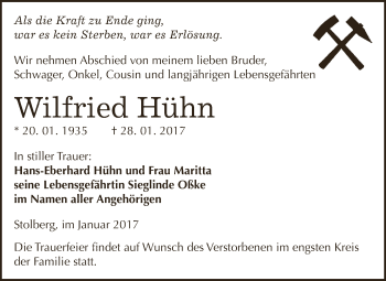 Traueranzeige von Wilfried Hühn von Super Sonntag SGH Mansf. Land