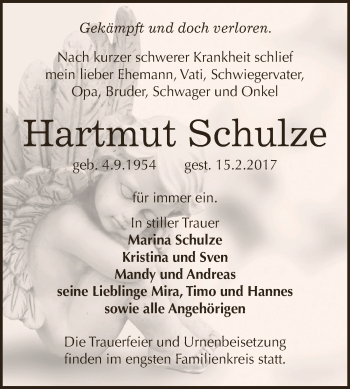 Traueranzeige von Hartmut Schulze von WVG - Wochenspiegel Dessau / Köthen
