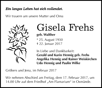 Traueranzeige von Gisela Frehs von Mitteldeutsche Zeitung Halle/Saalkreis