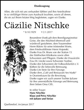 Traueranzeige von Cäzilie Nitschke von Mitteldeutsche Zeitung Köthen