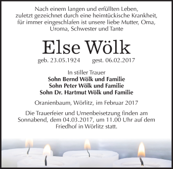 Traueranzeige von Else Wölk von Mitteldeutsche Zeitung Wittenberg