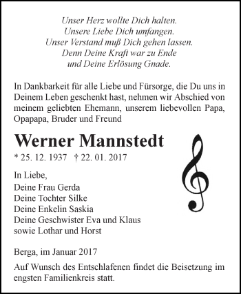 Traueranzeige von Werner Mannstedt von Super Sonntag SGH Mansf. Land