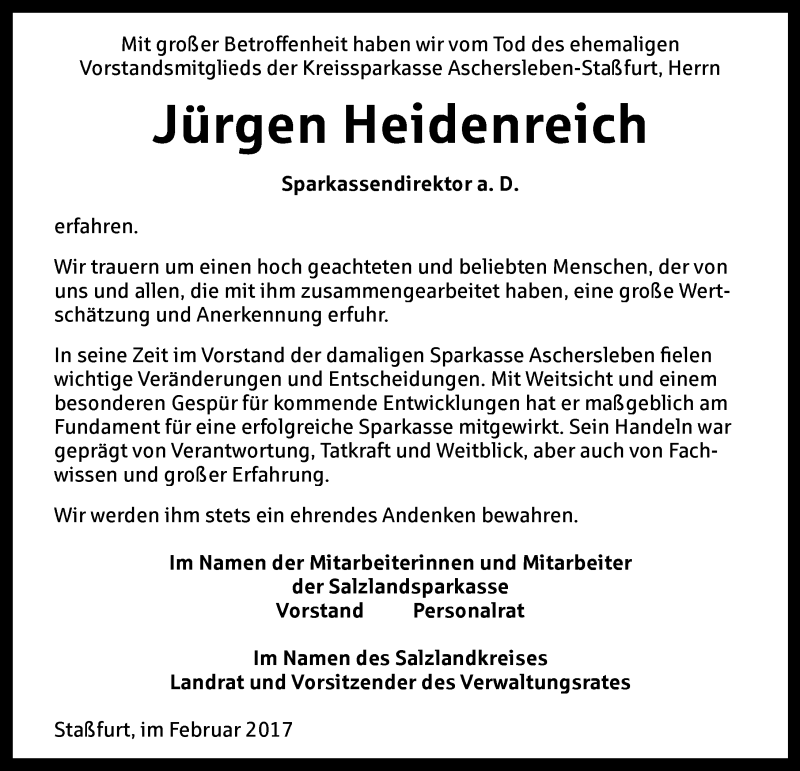  Traueranzeige für Jürgen Heidenreich vom 25.02.2017 aus Mitteldeutsche Zeitung