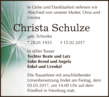 Traueranzeige von Christa Schulze von Super Sonntag Bernburg