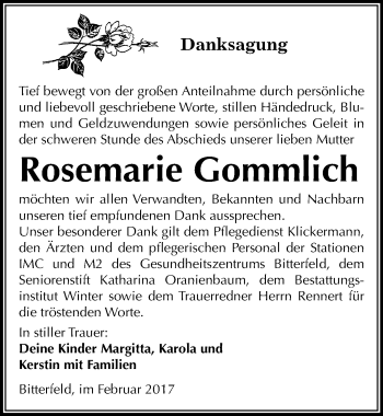 Traueranzeige von Rosemarie Gommlich von Mitteldeutsche Zeitung Bitterfeld