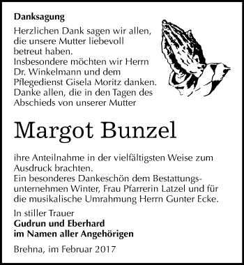Traueranzeige von Margot Bunzel von Mitteldeutsche Zeitung Bitterfeld